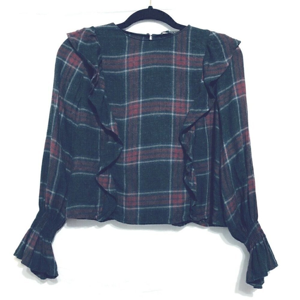 Zara Womens Size XS Plaid Ruffle Front Long Sleeve Cropped Top Academia Boho